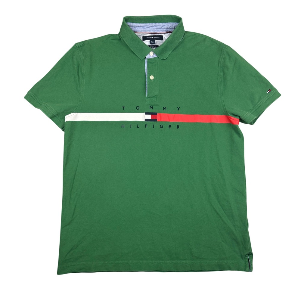 Tommy Hilfiger Mens Green Short Sleeve Polo Shirt Custom Fit Chest Stripe Large